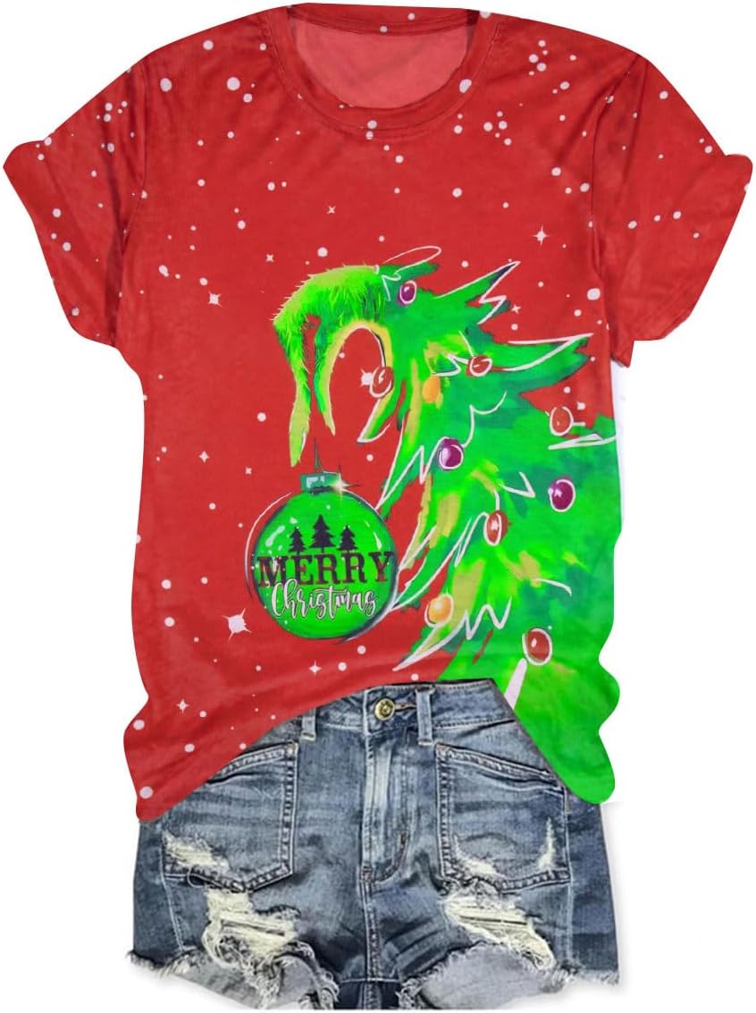 Christmas Shirt for Women Christmas Tree Holiday Shirt Whoville Tree T-Shirt Xmas Funny Green Monster Crewneck Tee Tops