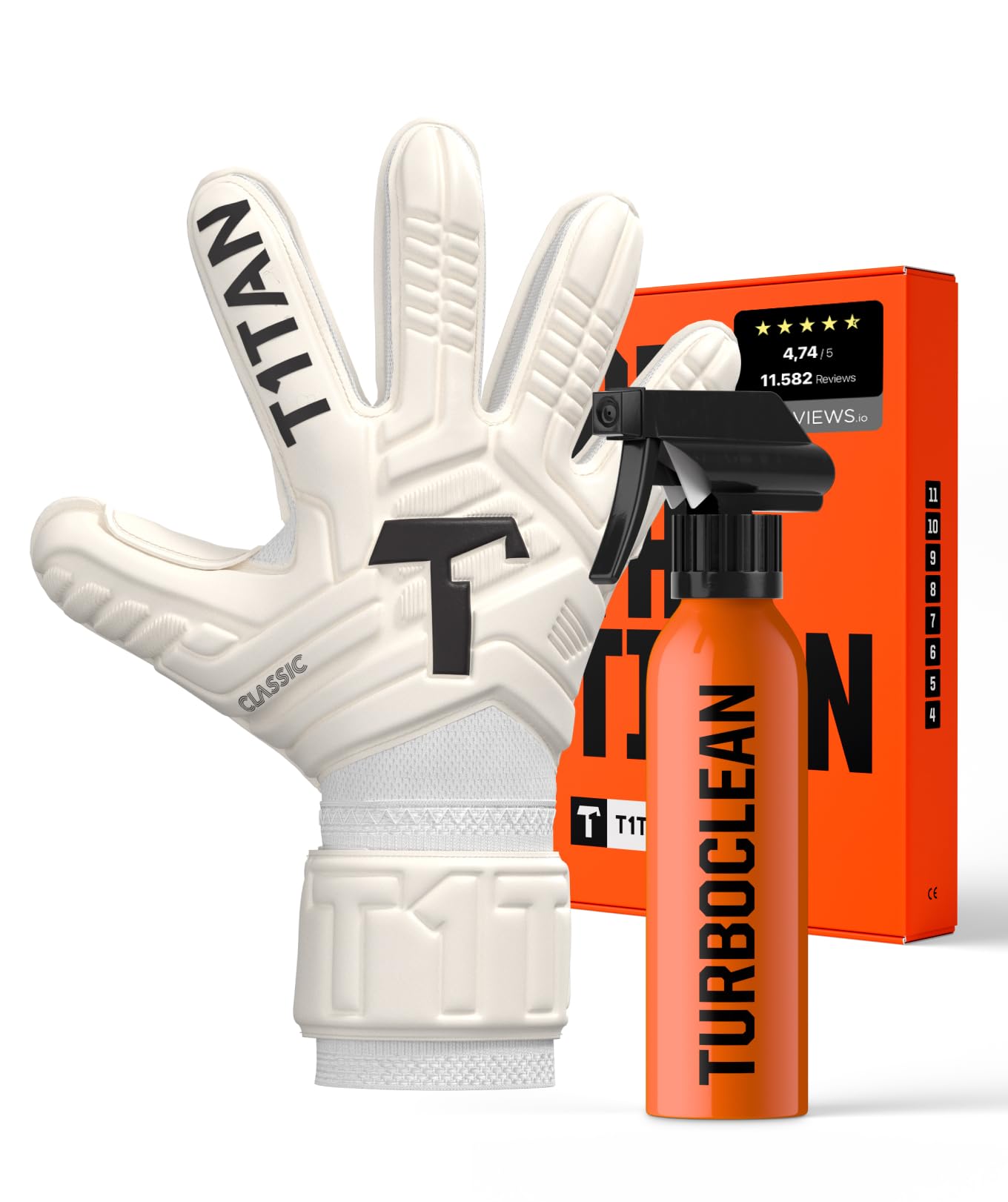 T1TAN Classic 1.0 White-Out (FP) + Turbogrip - Goalkeeper Gloves and Glove Cleaner - with Finger Protection - Football Gloves for Goalkeepers - Size 4