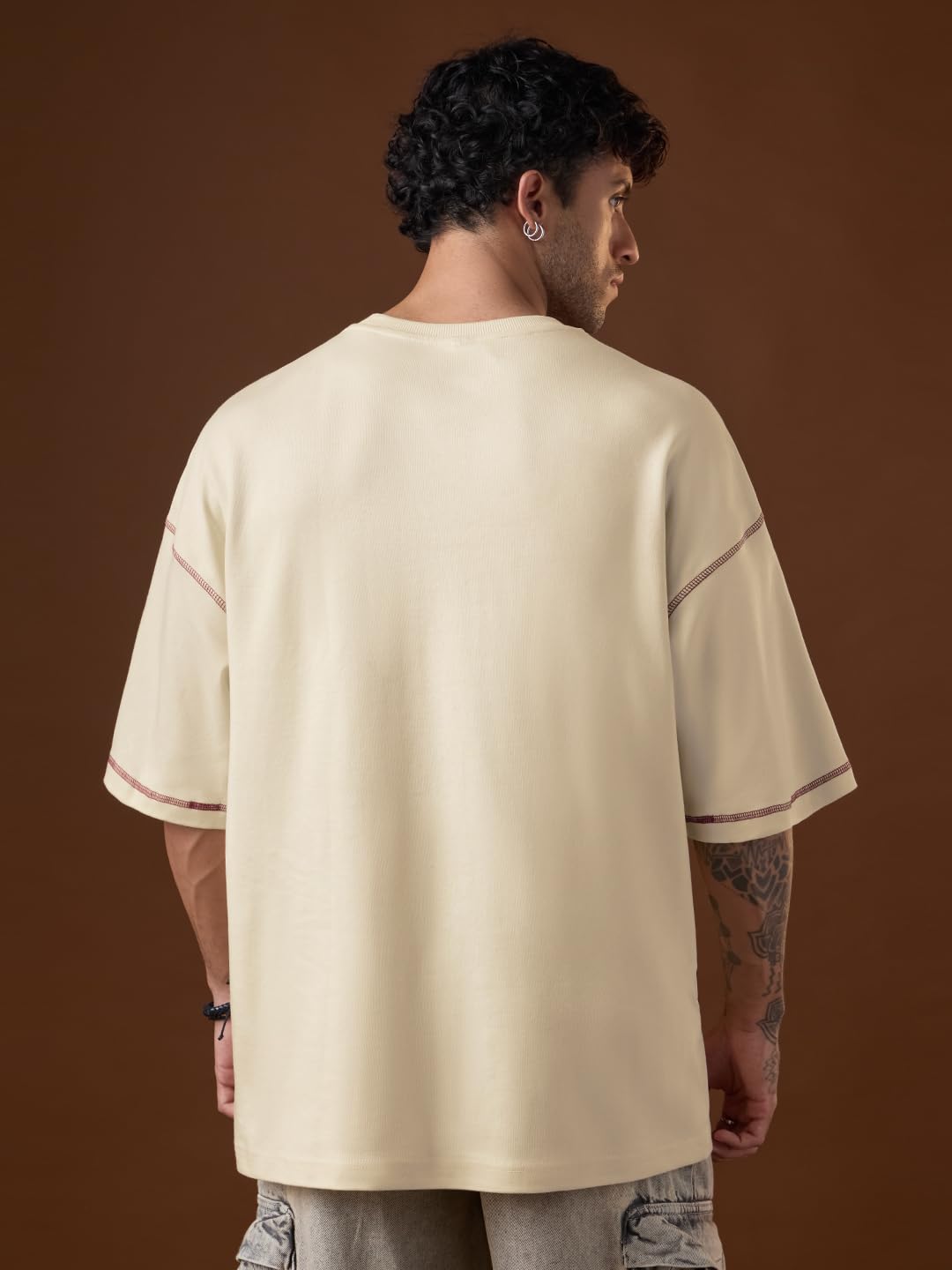 The Souled Store Attack on Titan Colossus Herren und Jungen, kurze Ärmel, Rundhalsausschnitt, Beige, Grafikdruck, Baumwolle, atmungsaktiv, leicht, für alle Jahreszeiten, super übergroßes T-Shirt