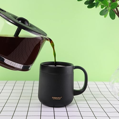 Miniatura 5 de Taza de café aislada de acero inoxidable de 11.2 fl oz con asa, vaso de acero inoxidable de doble pared con 2 tapas, color negro