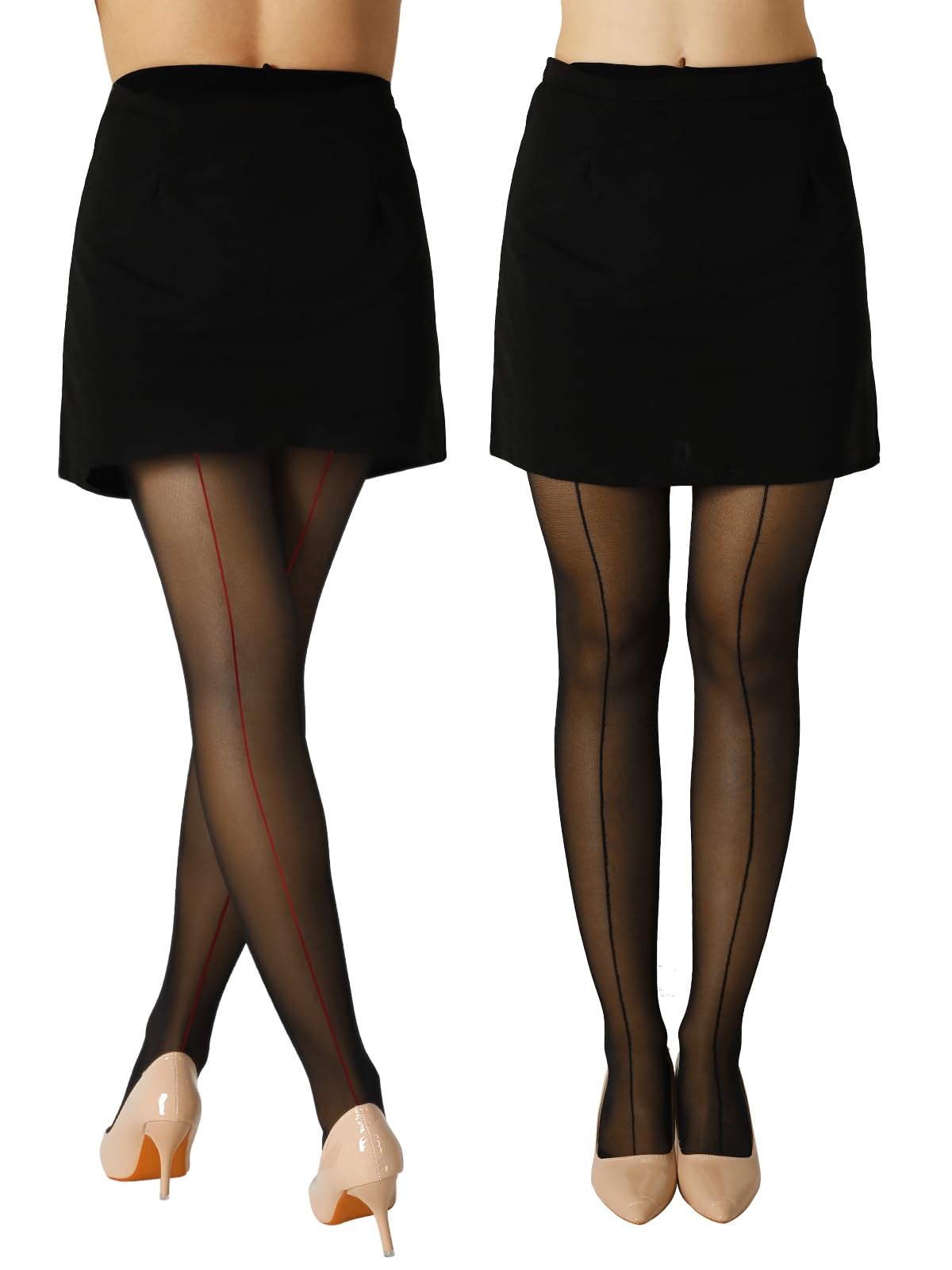 2 Pairs Backseam Sheer Tights For Women- 30D High Waist Control Top Pantyhose with Reinforced Toes