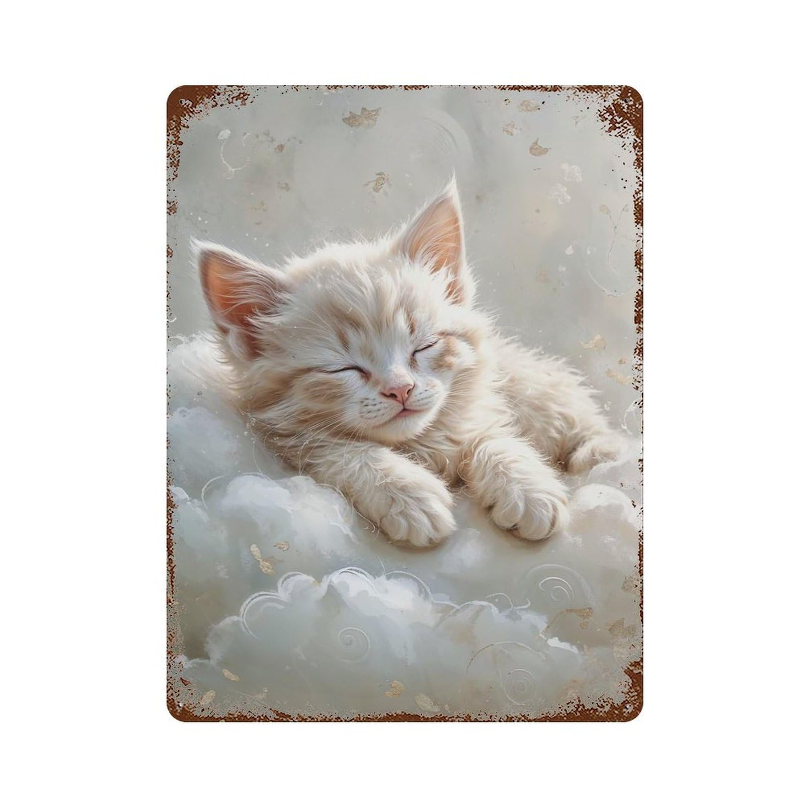 Garage Style Sleeping White Kitten on Clouds Distressed Metal Wall Sign 15.7"x11.8", Vintage Wall Decor for Bar And Workshop