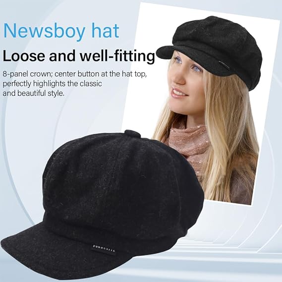 Ruphedy Newsboy Hats for Women Wool Beret Newsboy Cap with Visor Chemo Headwear
