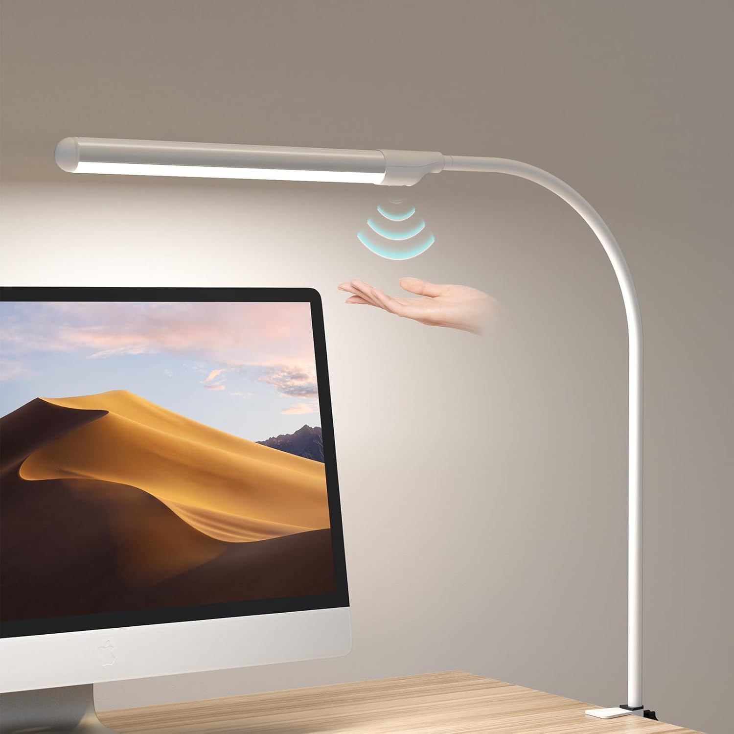 SIBI LIGHTING Schreibtischlampe LED mit Gestensteuerung, 7W 38CM Klemmbare Dimmbare Monitor Lampe, Tageslichtlampe mit Schwanenhals für Arbeiten, Lernen, Zocken