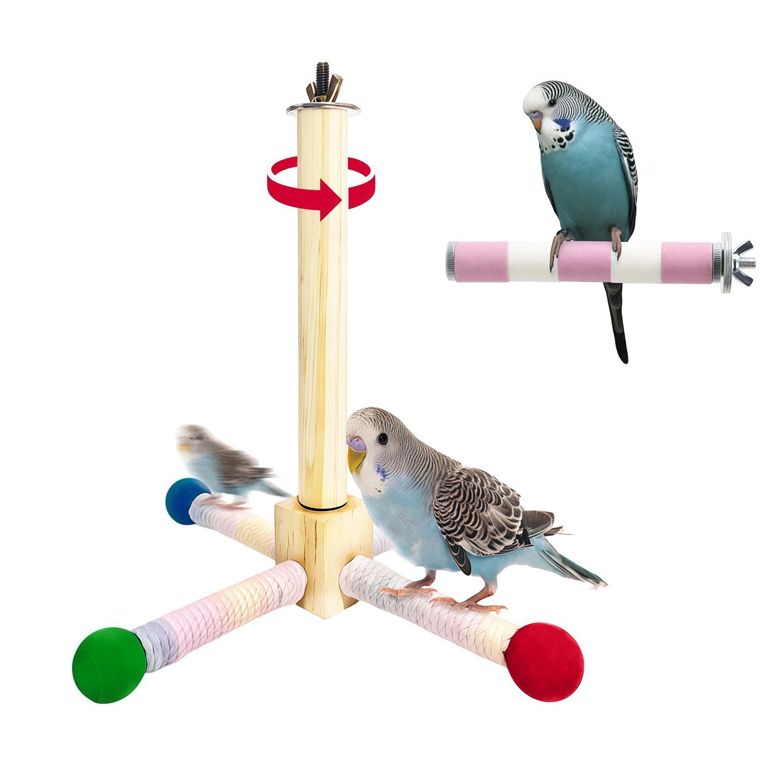 Bird Stand Perch Toy, Bird Perch Parrot Toy 360° Interactive Rotating Perch with Parrot Perch Paw Grinding Stick Natural Wooden Spinning Toy for Parakeets Cockatiels Lovebirds Finches Conures