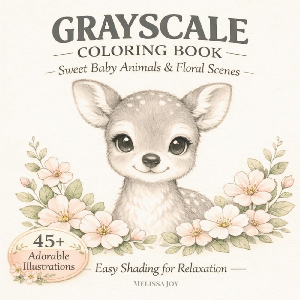 Easy Shading Sweet Baby Animals & Floral Scenes Grayscale Coloring Book: Relaxing Grayscale Coloring Book with Baby Animals, Floral Designs, and Easy Shading Pages