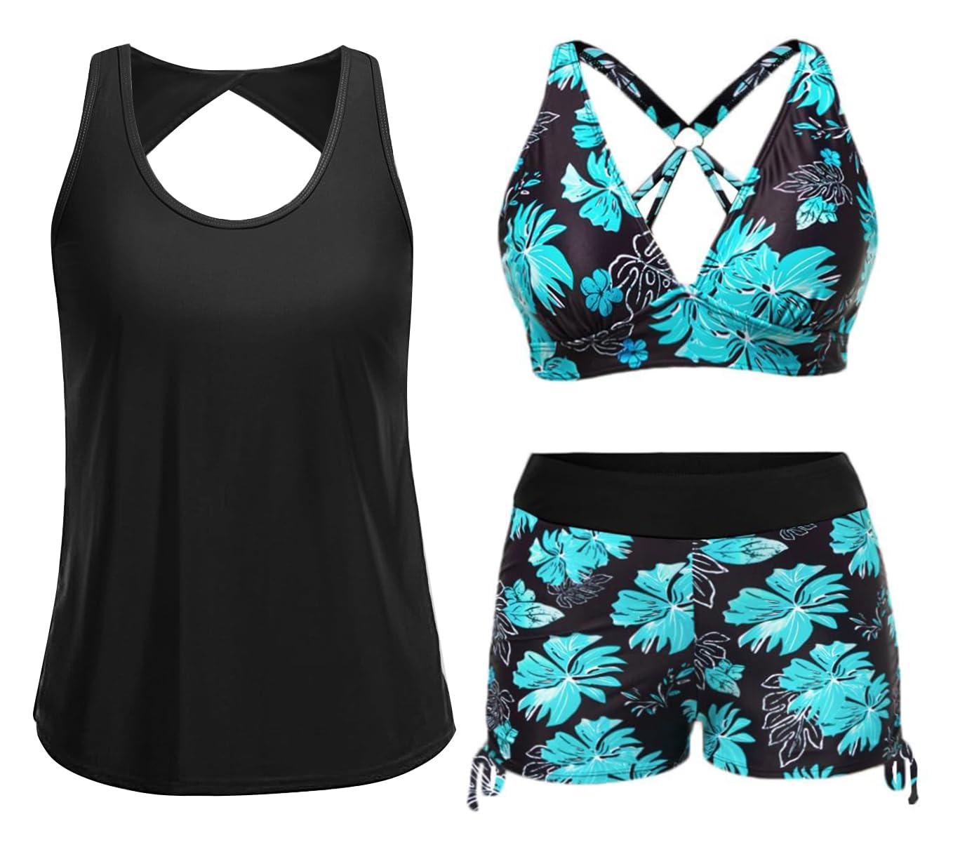 Yonique 3 Piece Tankini Swimsuits for Women Swim Tank Top Bathing Suits with Boy Shorts and Bra Athletic Swimwear
