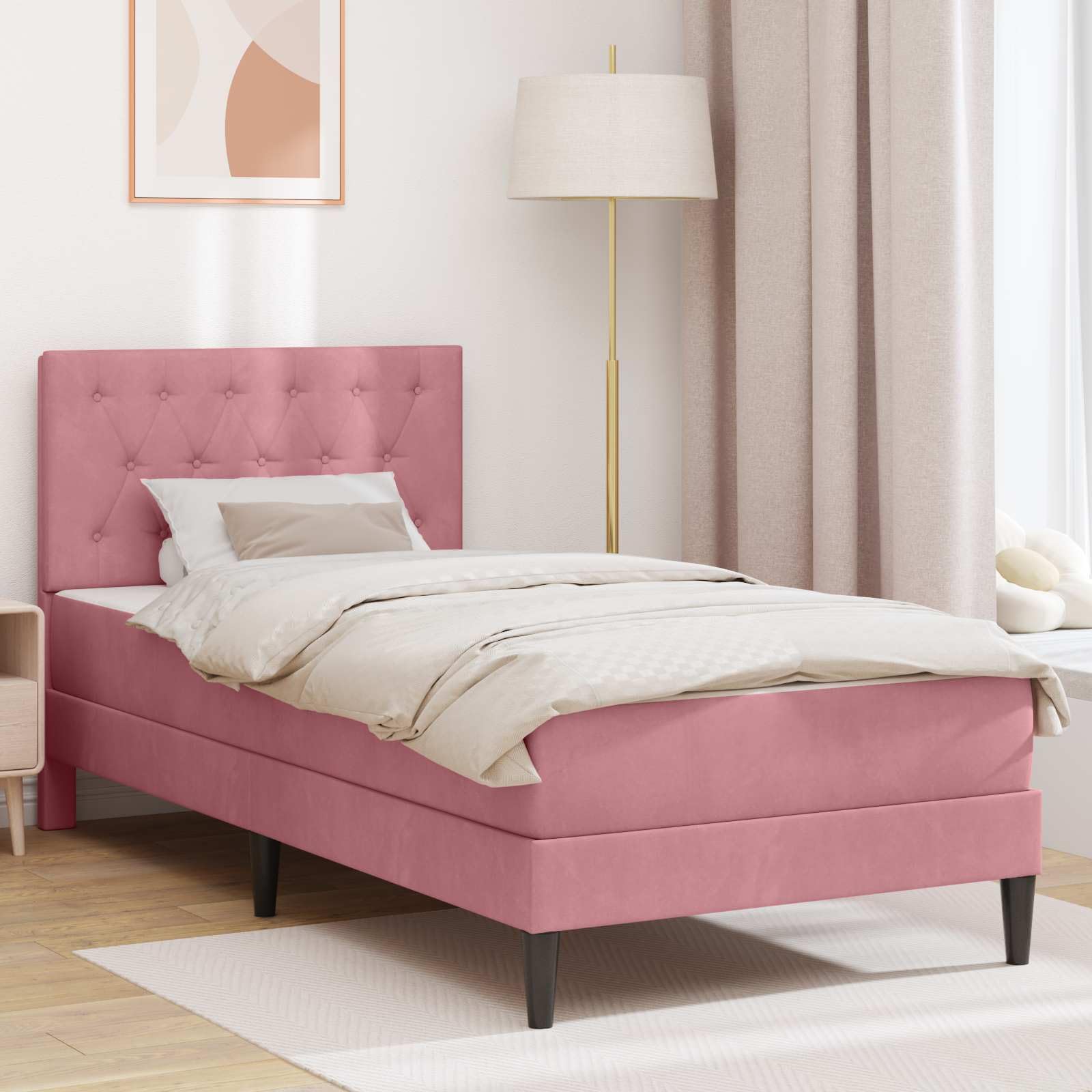 Estructura de cama con colchón de 100 x 200 cm de terciopelo rosa con cabecero, somier de láminas y espacio de almacenamiento, colchón de espuma fría transpirable, funda hipoalergénica, para