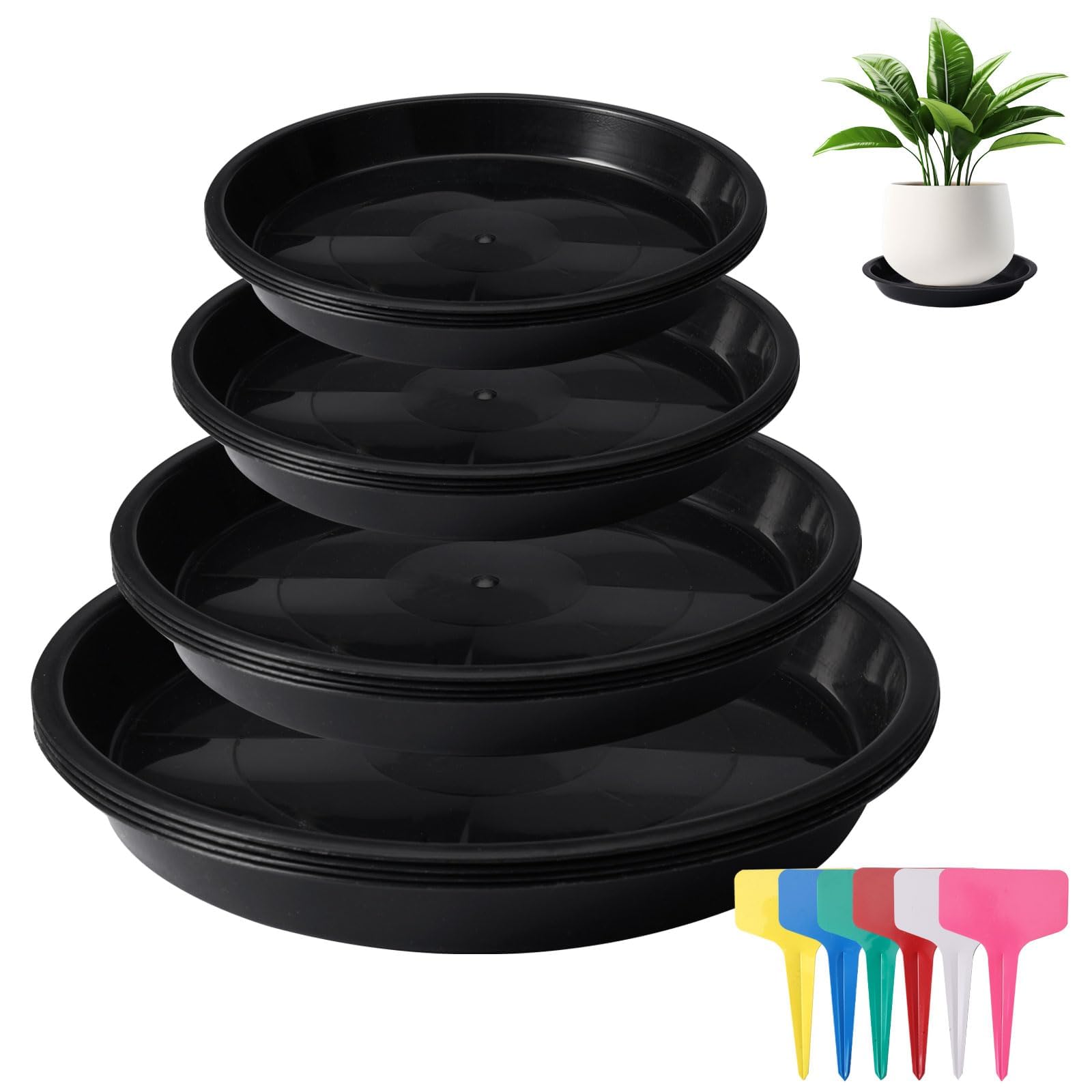 16PCS Plant Pot Saucers, 12/16/18/20 cm Plant Saucers for Pots with Labels