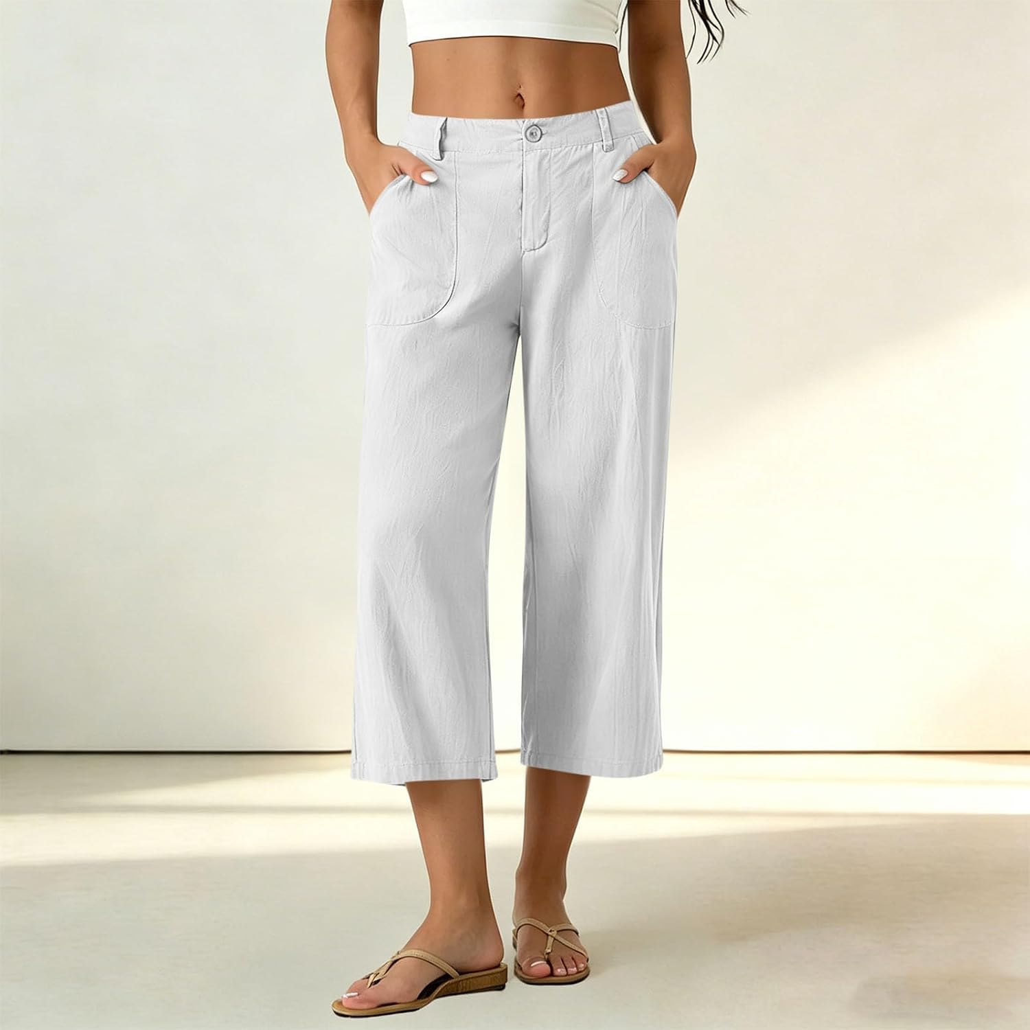 Cotton Capri Pants for Women Loose Fit Casual Wide Leg High Waist Cropped Pant Solid Summer Linen Clothes