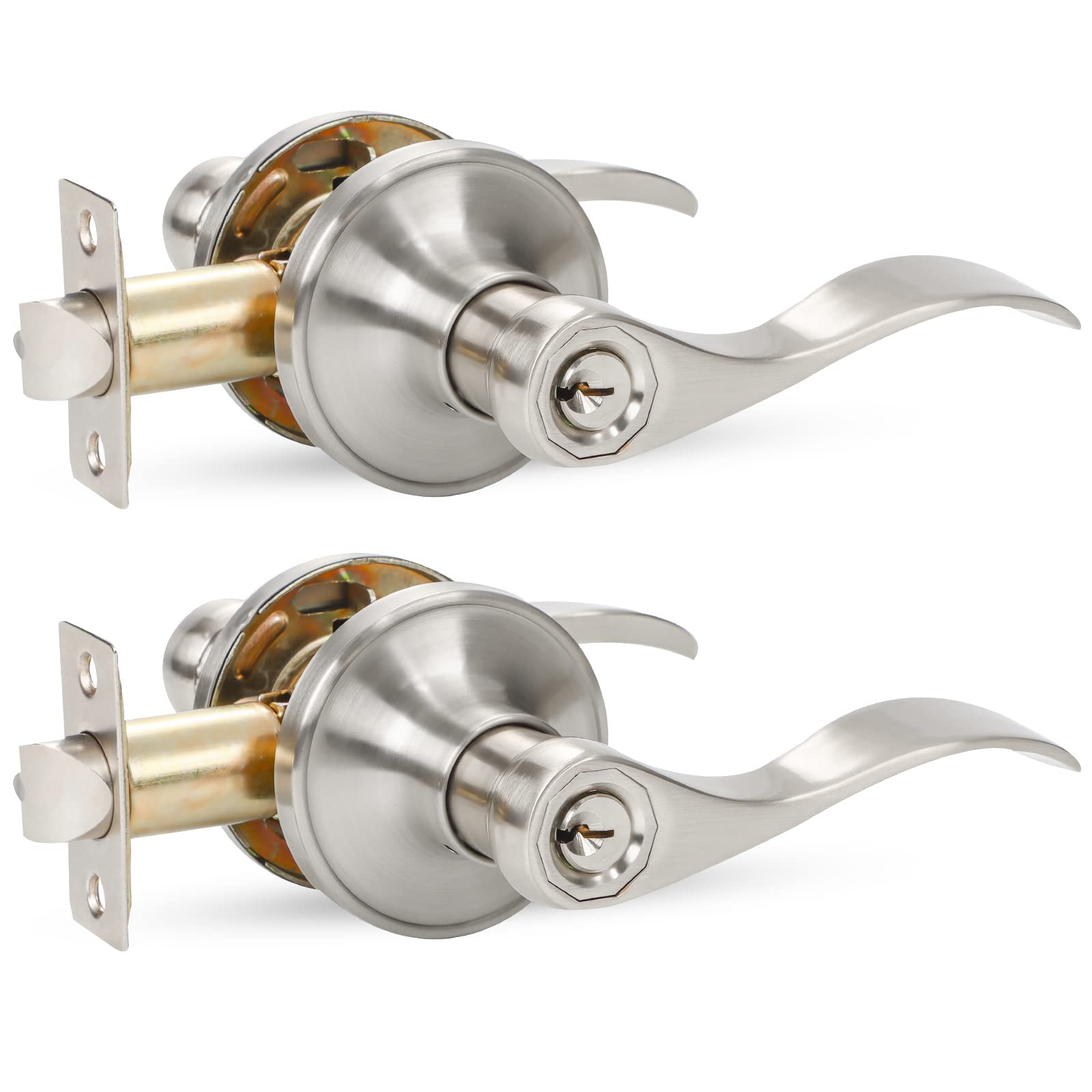 E-Home Hardware Combo Pack of 2, Keyed Alike Entry/Entrance Door Levers Front Exterior Doors Interior Bedroom/Bathroom Door Handles Knobsets, Durable Satin Nickel Door Locks One Keyway