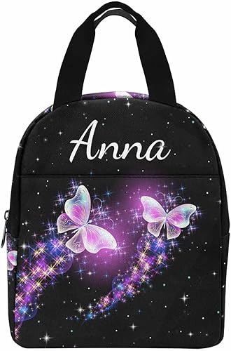 Miniatura 7 de InterestPrint Lonchera personalizada con nombre para niños, hielera de mariposa con purpurina personalizada, bolsa de almuerzo reutilizable