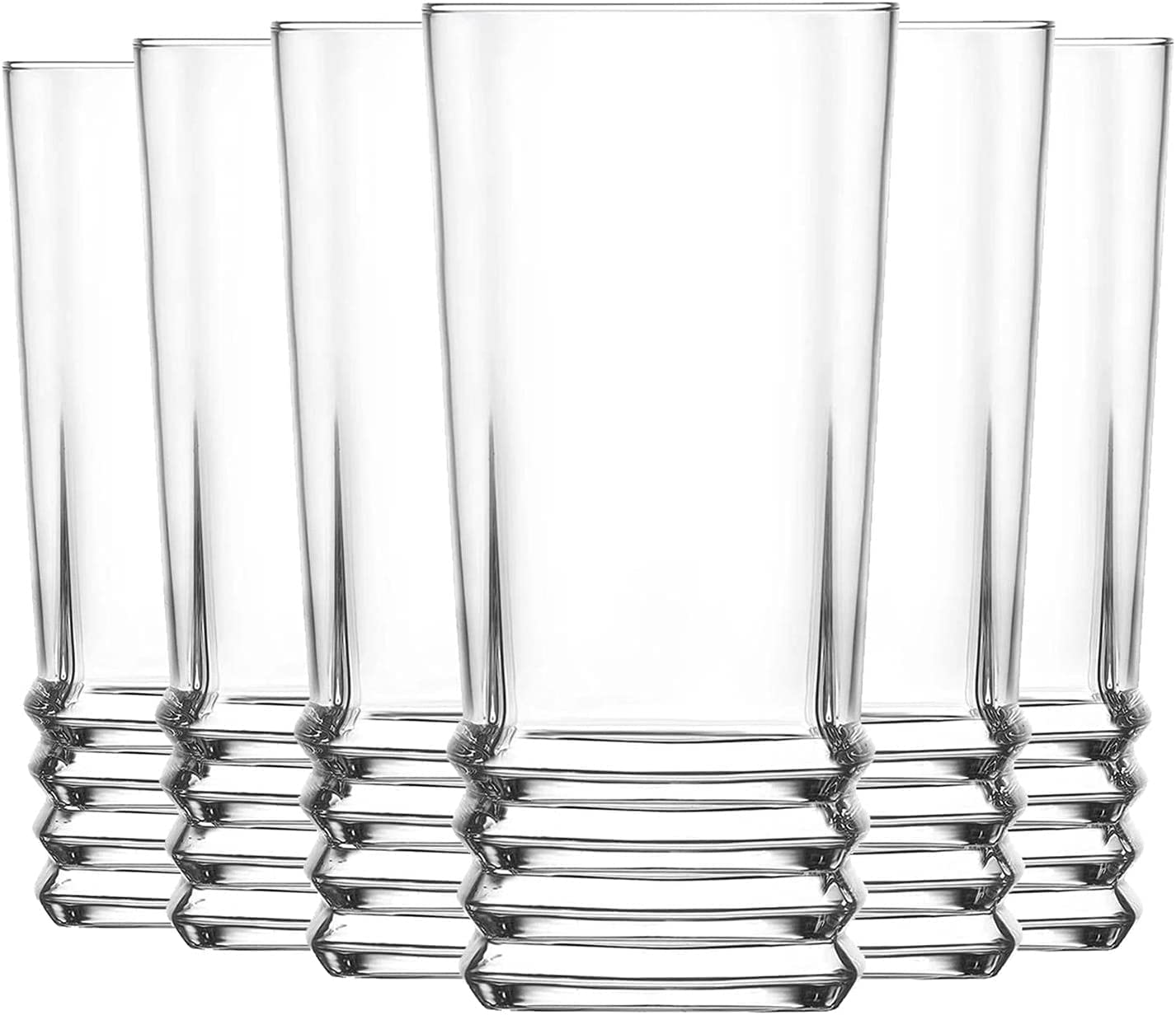 AVCI Elegan Ridged Tall Highball Glasses Set of 6, Textured Designer for Water,Juice, Beer, Drinks,Cocktails and Mixed Drinks,Lead-Free,Glass Drink Tumblers (Elegan Highball 12oz)
