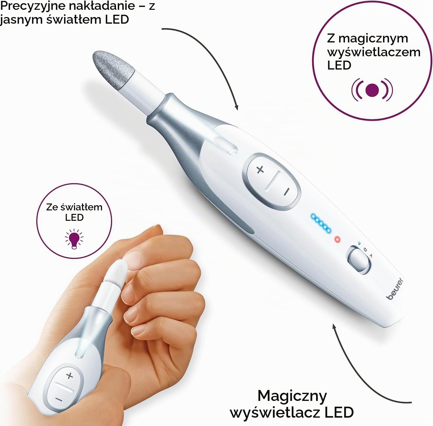 Beurer MP42UK zestaw do pedicure i manicure, elektryczny pilnik do paznokci z 7 wysokiej jakości nasadkami, precyzyjne światło LED, szybki obrót (2500-4600 obr./min), wtyczka brytyjska i torba do