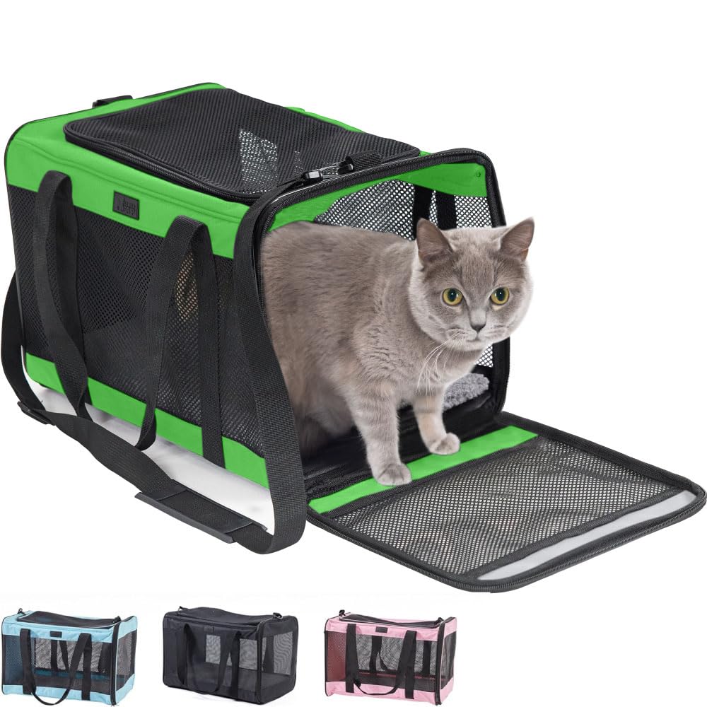 GORILLA GRIP Cat Carrier Travel Bag Up to 15 Lbs, Soft Collapsible Small Dog Carriers, Top and Side Entry Breathable Mesh, Grip Feet on Underside, Cozy Washable Waterproof Pad, Portable Kennel, Green