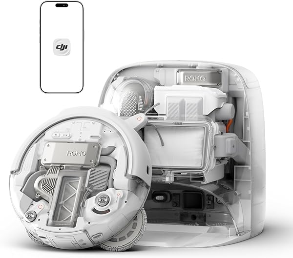 DJI ROMO P Saugroboter mit Wischfunktion, 25.000 Pa Saugkraft, Hinderniserkennung auf Drohnen-Niveau, Anti-Verwicklungsbürste, Selbstreinigende Basisstation, 200 Tage wartungsfrei, Transparent