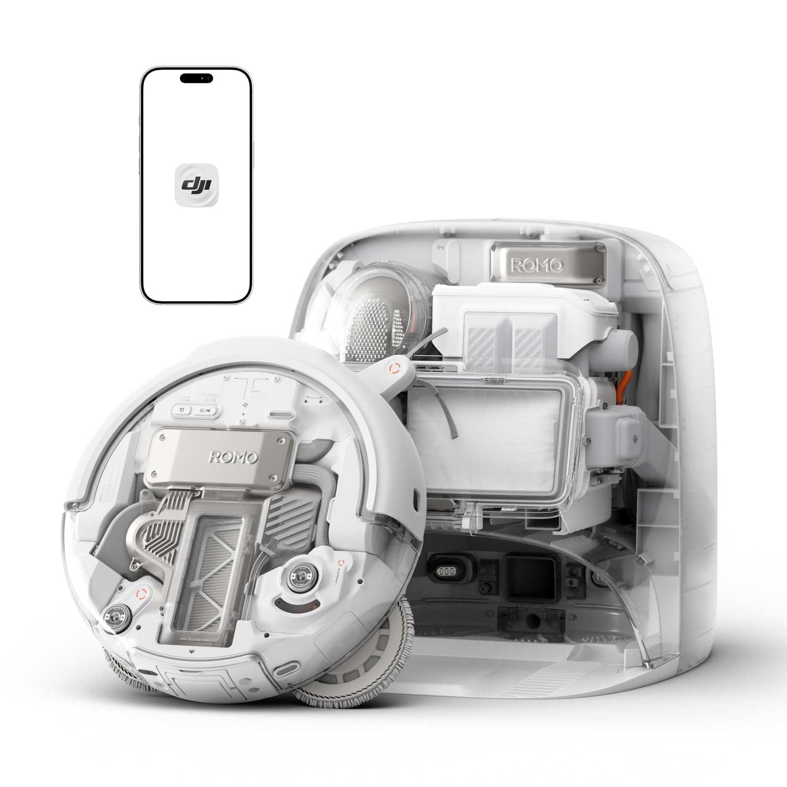 DJI ROMO P Saugroboter mit Wischfunktion, 25.000 Pa Saugkraft, Hinderniserkennung auf Drohnen-Niveau, Anti-Verwicklungsbürste, Selbstreinigende Basisstation, 200 Tage wartungsfrei, Transparent