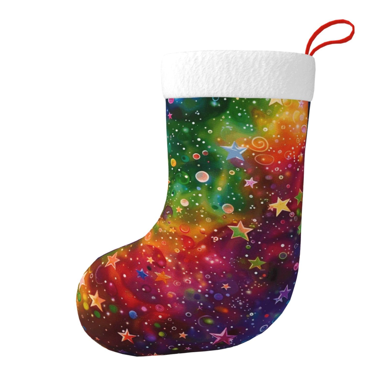 Colorful Rainbow Stars Print Christmas Stocking, 28x45cm Holiday Hanging Stockings for Fireplace, Tree Decorations, Gift Giving, and Party Festive Decor