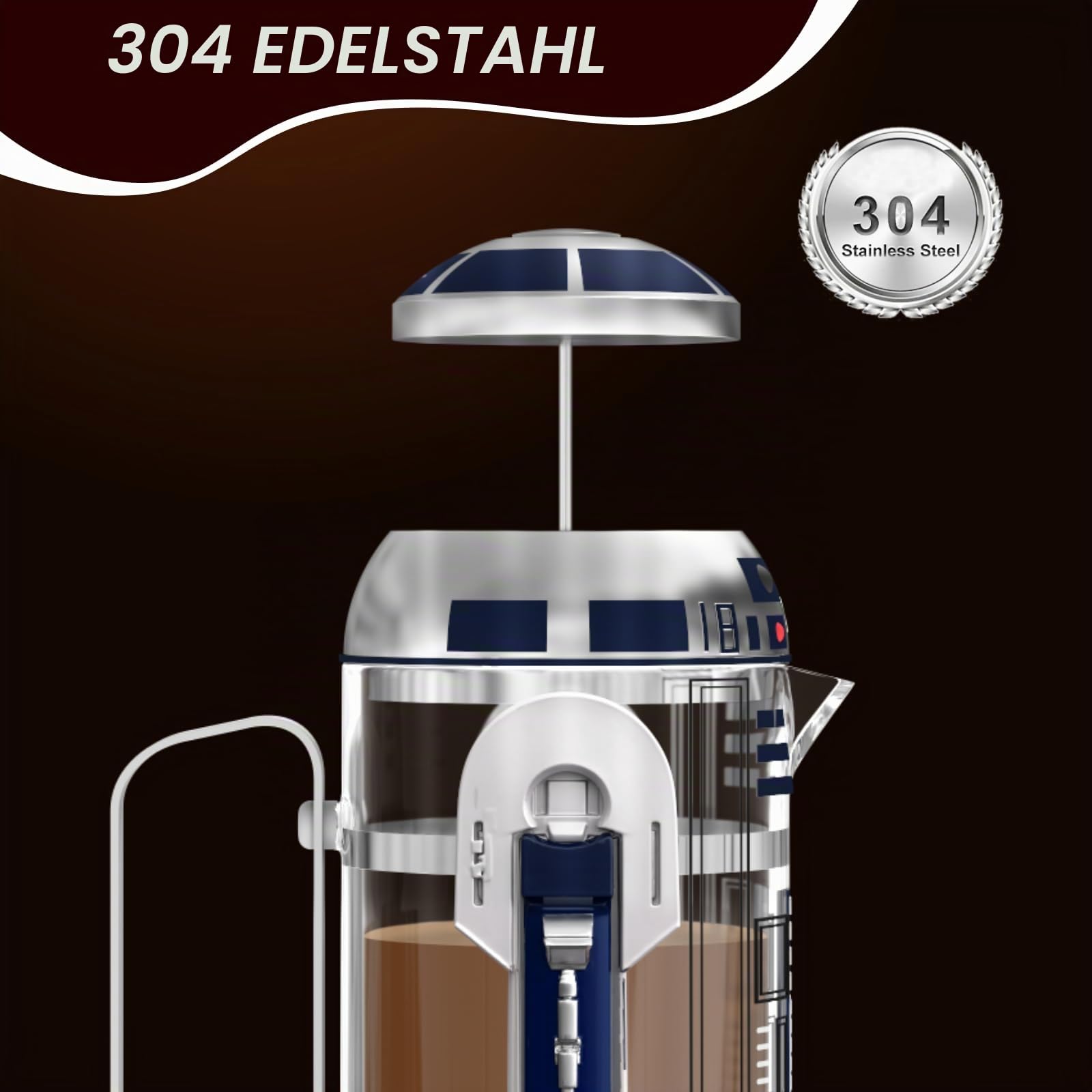 TEENKON French Press Isolierter Kaffeebereiter aus 304 Edelstahl, 900 ml, Roboter R2D2, Hand-Kaffeepresse, mit Filtersieb für Kaffee und Tee (weiß)
