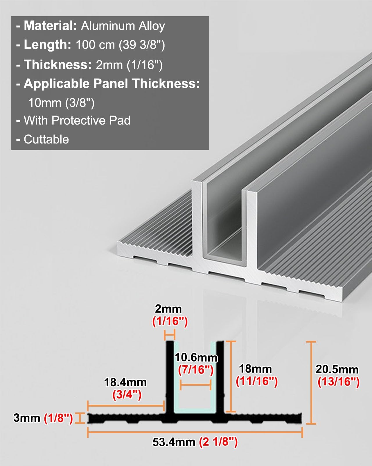 Profil Typu U do Szkła Szczelina Mocująca Aluminiowy Panel Szklany | Profil Mocujący do Ścianki Szklanej, Profil Krawędziowy w Kształcie Litery T, Wpuszczana Prowadnica Panelu Prysznicowego