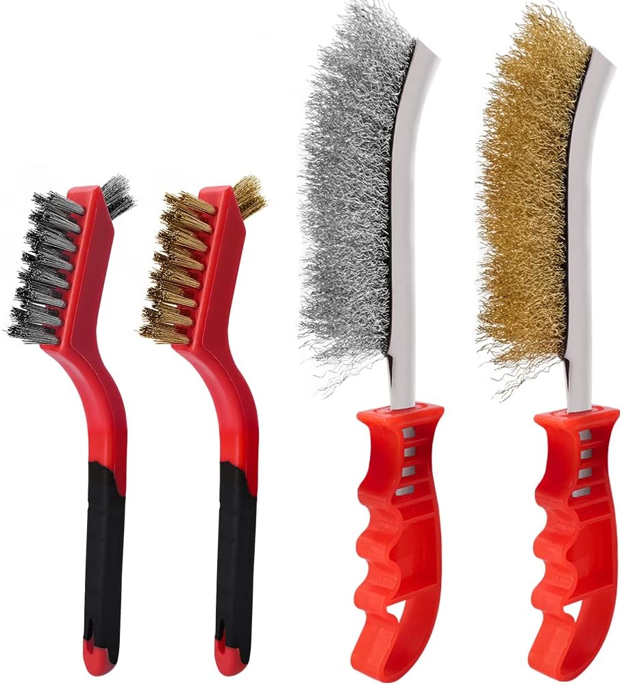 Hand Wire Brush Set 4 Pcs with Stainless Steel Brush and Brass Brush,Wire Brush for Cleaning Rust, Paint and Welding Slag (2 Big,2 Small)