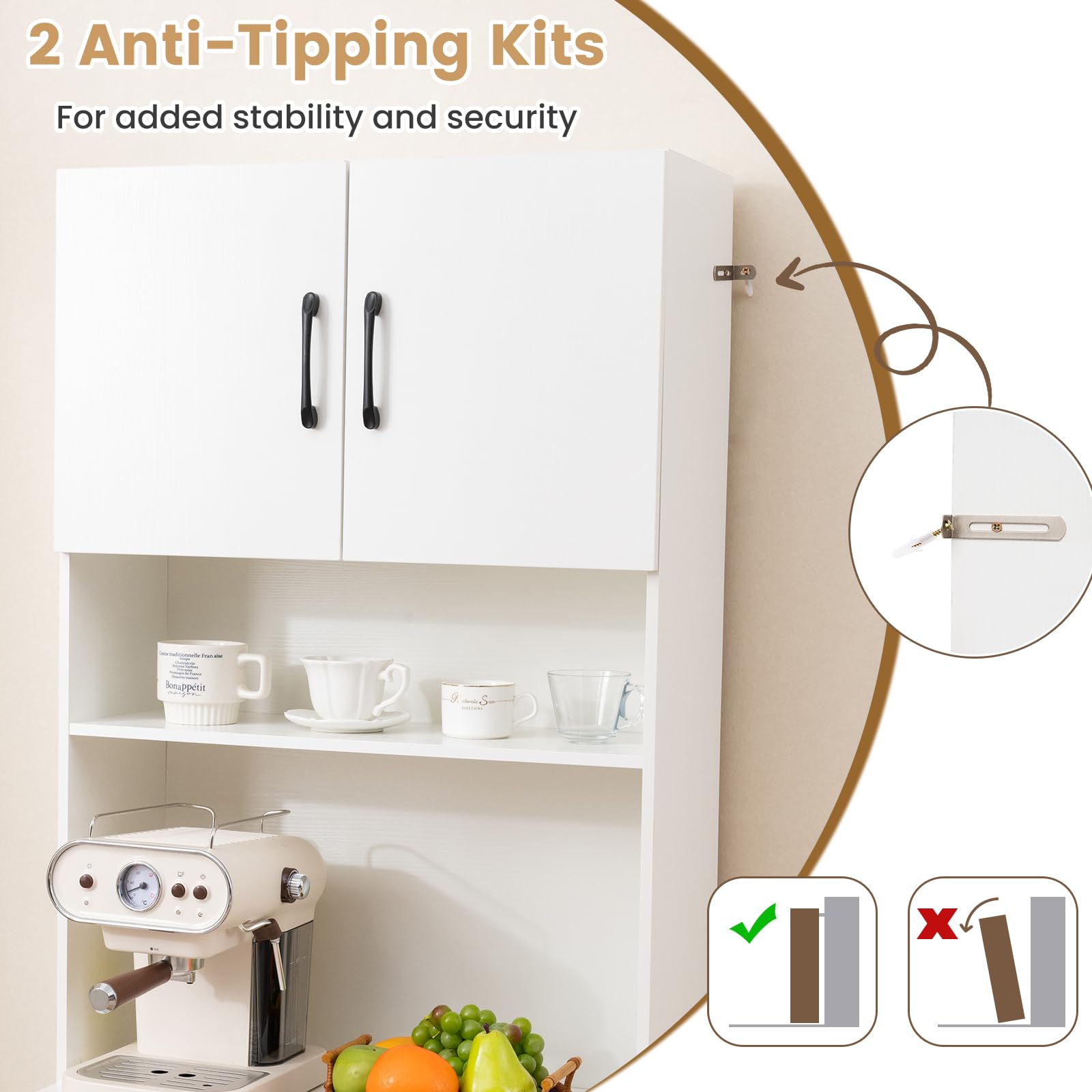 KOMFOTTEU Aparador de Cocina con Estación de Carga, Armario Buffet con 4 Puertas, 2 Estantes Ajustables, Mueble de Almacenamiento con Encimera para Microondas, 64,5 x 38 x 168 cm, Blanco