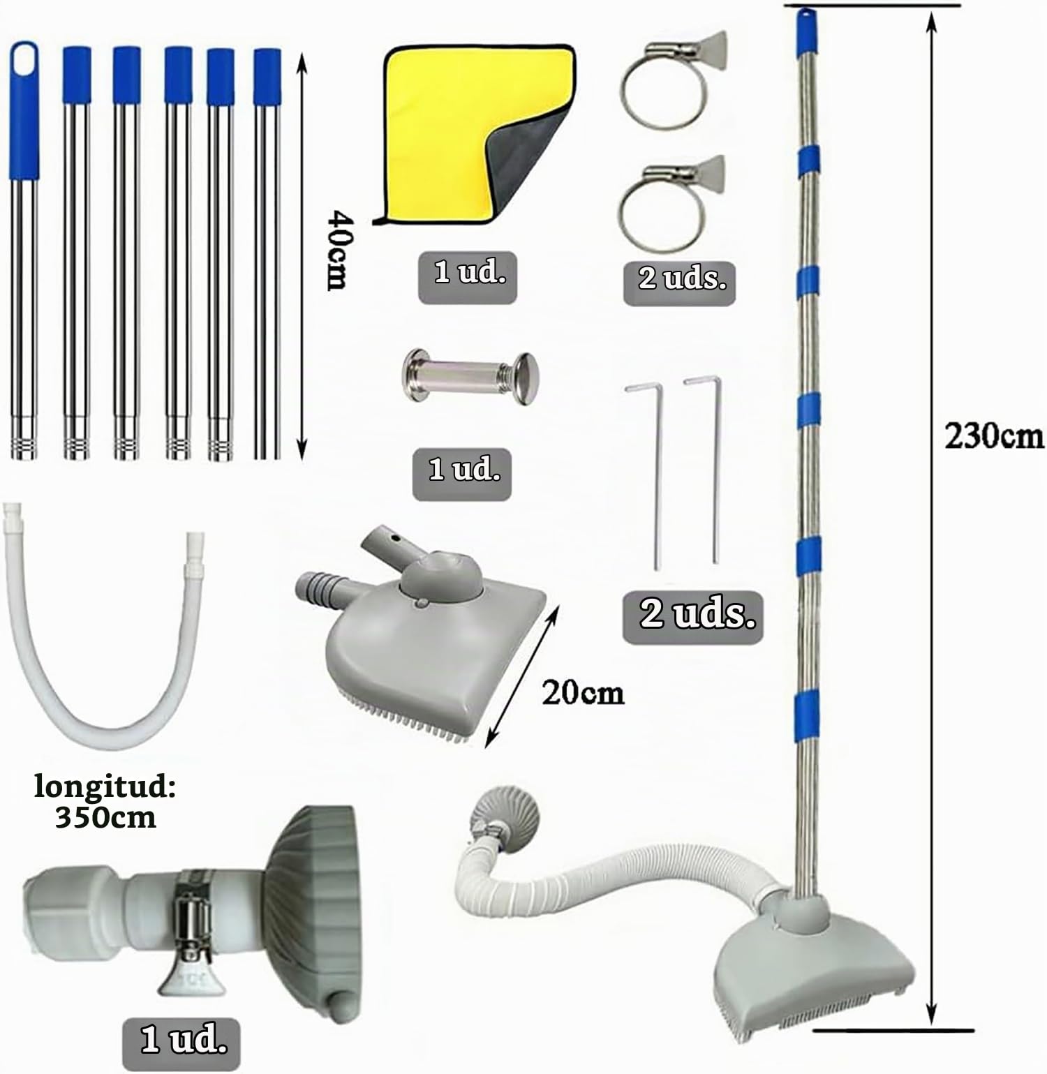 Limpiafondos Piscina Manual con Mango TelescóPico De 2,3 M, Cepillo Aspirador con Manguera RetráCtil De 3,5 M, Cepillo De Limpieza para Piscinas, Jacuzzis, BañEras Y Spas
