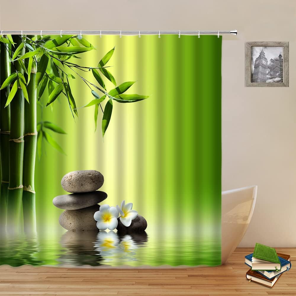 Zen Garden Shower Curtains Spa Green Bamboo Leaves Plant Stone White