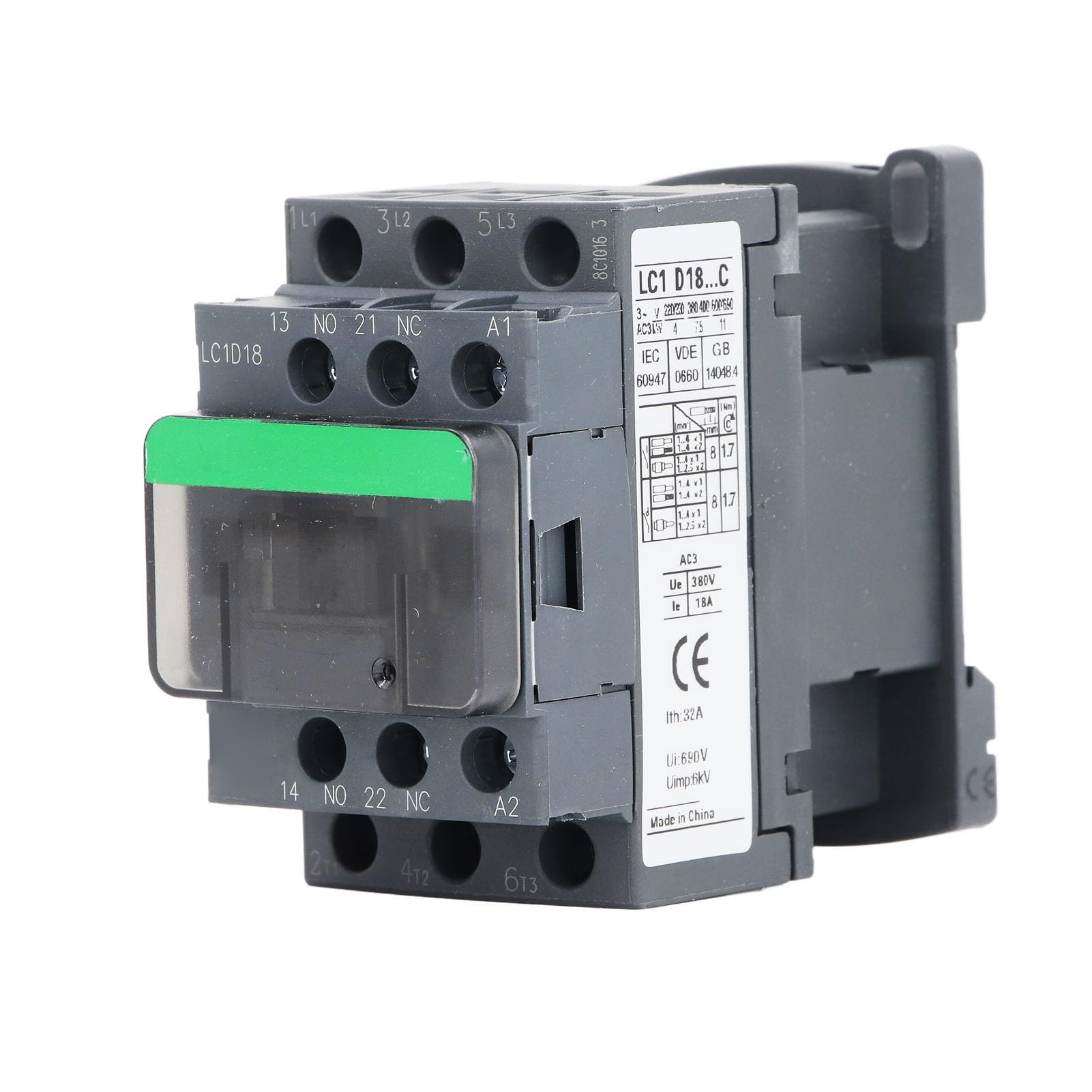 LC1D18 AC Contactor 380V, PC Shell, Copper Coil, Silver Alloy Contacts, for Industrial and Mining Enterprises, Electrified Railroad (AC380V Coil Voltage)