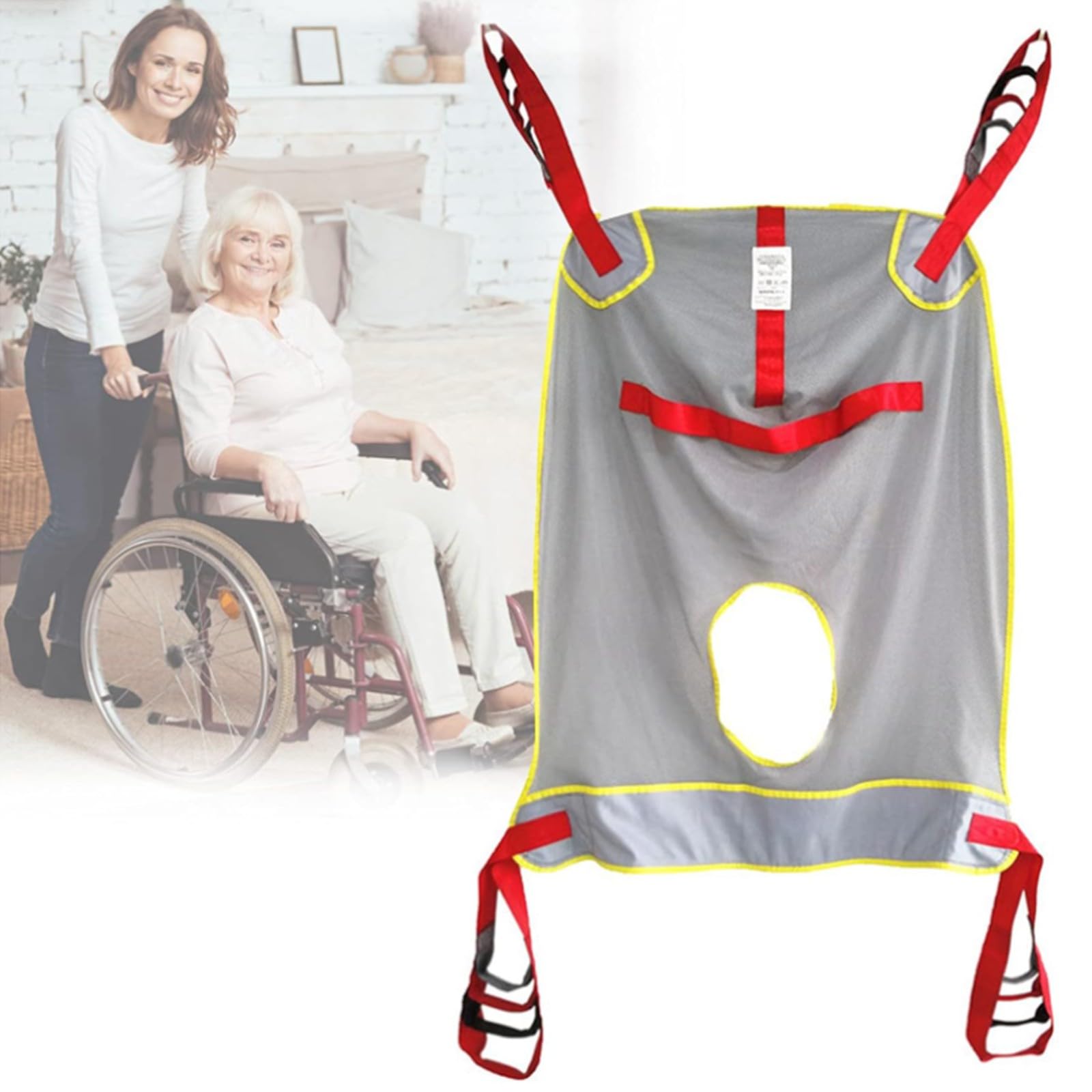 Eslinga de elevación de cuerpo completo para pacientes con soporte para la cabeza, correa de transferencia resistente para baño, 4 cordones ajustables, carga de 230 kg