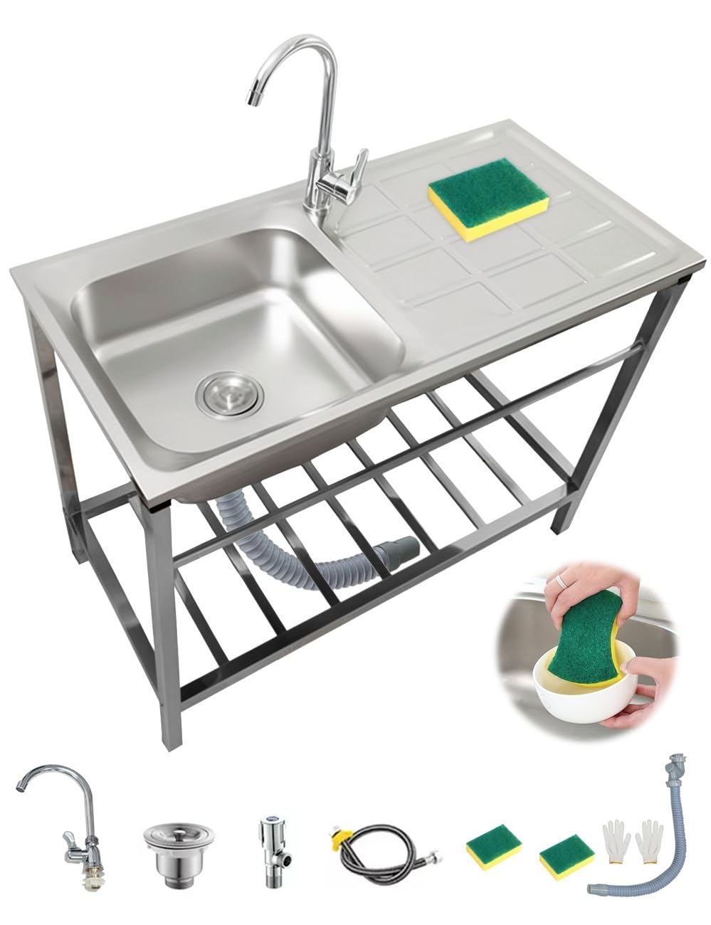 Gastro Waschbecken Edelstahl, Spülbecken Küche, Spüle Freistehend, Cken Küche Mit Wasserhahn & Schwammbürste, Für Den Innen- Und Außenbereich, Garagen, Außen Innen, Wäsche