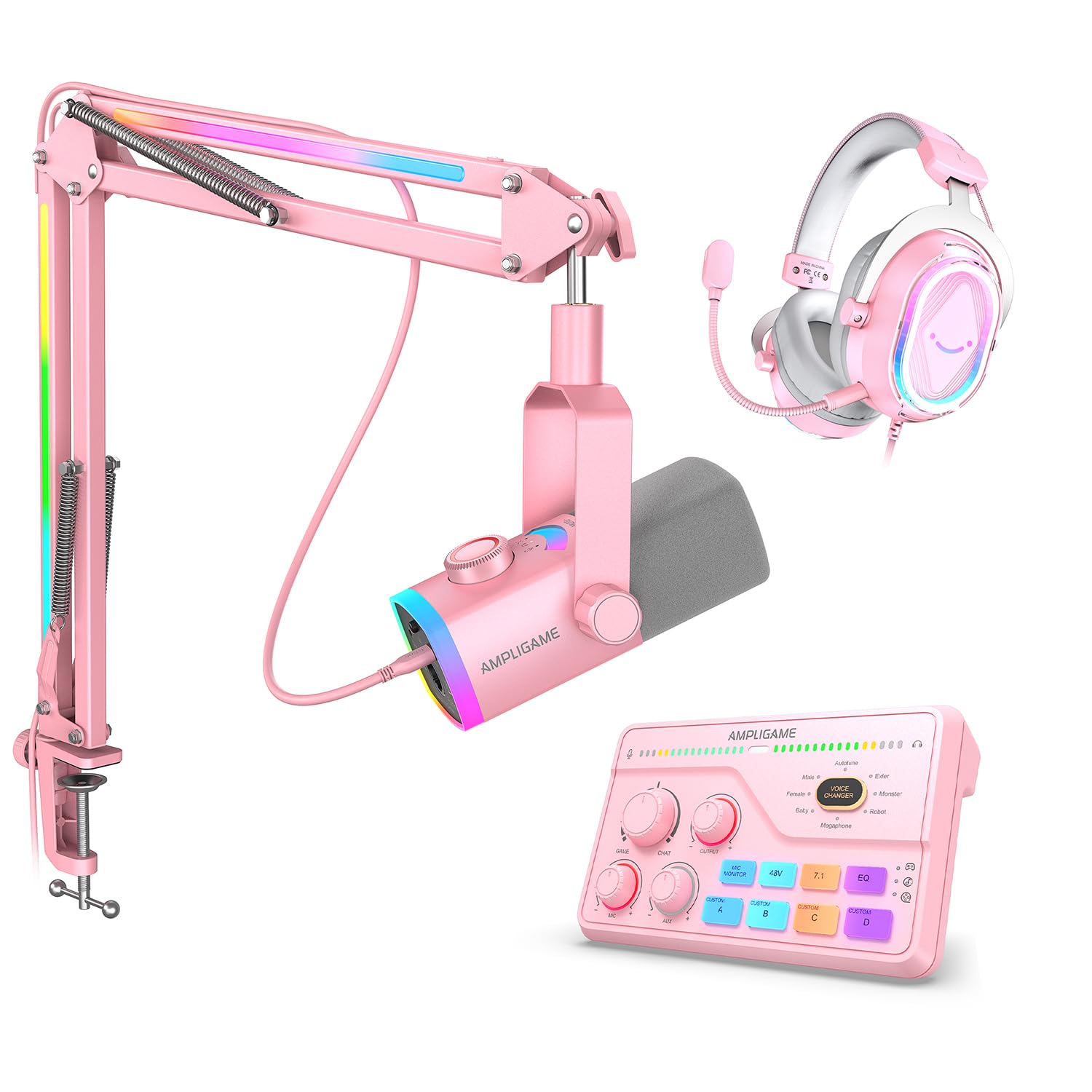 FIFINE Gaming Microphone Kit withAudio Mixer & Headset Set, XLR/USB Mic with 3-in-1 Gain Knob, 7.1ch Surround Sound RGB Mixer & USB Headset AM8PROTP+SC8P+H13P