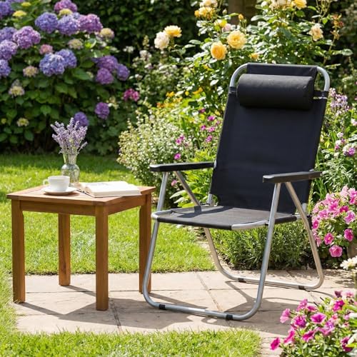 Image of ORILEY Camping Chair with Adjustable Pillow and Arm Rest Portable & Lightweight Foldable Garden Fishing Chairs for Travelling Outdoor Beach Hiking (Large, Black)