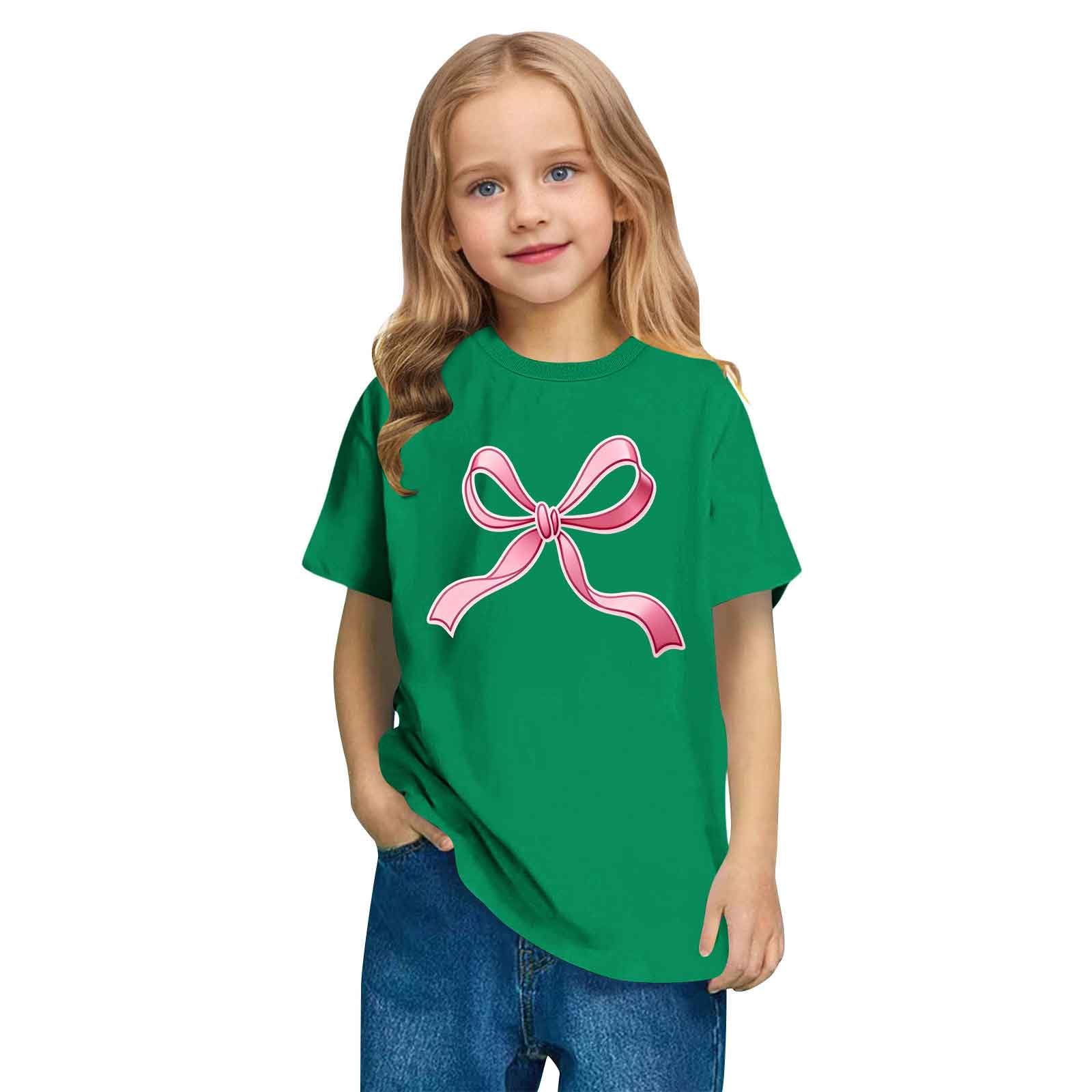 KODMNSW T-Shirt für Mädchen Sommer Kurzarm Tshirt Kinder Süße Oberteile mit Schleife-Print Basic Shirt Rundhals Casual Kindershirt Locker Kurzarmshirt Sportshirt Sommershirt Grün 170