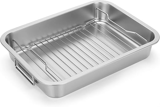 Tifanso Stainless Steel Roasting Pan - Heavy Duty Turkey Roasting Baking Broiler Pan with Rack and Handle for Oven, High Sided Easy to Clean Induction Roast Tray for Chicken, Vegetable, Lasagna