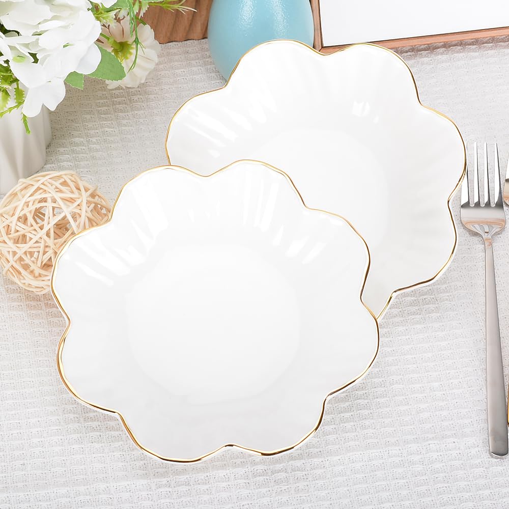 HOKMOKQOK Porcelain Candy Dish,Ceramics Flower Relish Tray with Metallic Rim, Candy Bowl for Office Desk, Candy Dispenser Servers for Wedding, Key bowl Entry Table Home Decor White (6inch-2PCS)