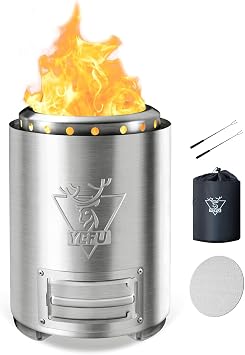 YEFU Tabletop Fire Pit 9.75" x 7.1", Flame Intensity Control Camp Stove for Outdoor & Patio Use, Pellet or Wood Fuel, Safe Burning Tabletop Fire Pit with Travel Bag & 2 Mini Sticks Included, Silver