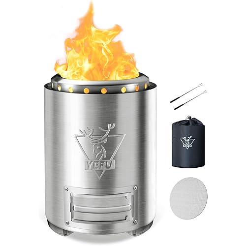 YEFU Tabletop Fire Pit 9.7 x 7.1 in, Flame Intensity Control Camping Stove for Outdoor & Patio, Fueled by Pellets or Wood, Safe Burning Table Top Firepit, with Travel Bag & 2 Mini Sticks, Silver