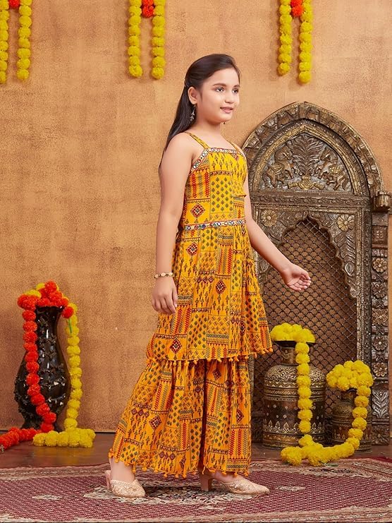 Girls' Printed Sleeveless Maxi Dress, Yellow and Red Ethnic Wear Mirror Lace Polyester Kurti Sharara Set2