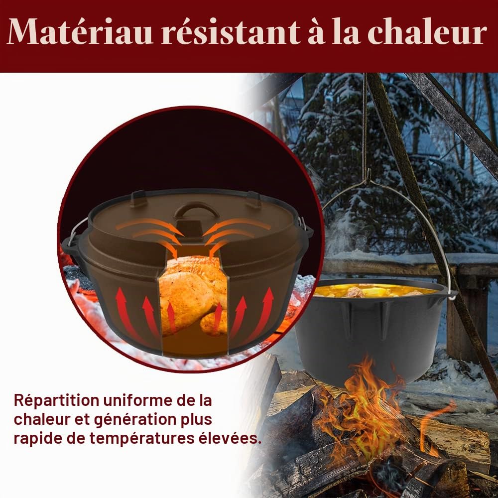 Ensemble Dutch Oven Dans Une Caisse en Bois de 12 Pièces Ensemble de Casseroles en Fonte Comprenant Dutch Oven et de Nombreux Accessoires