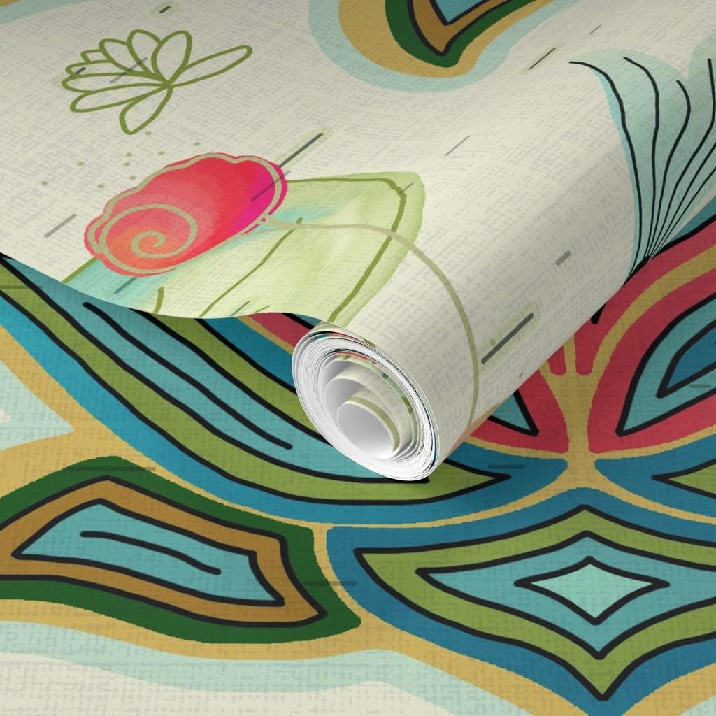 Removable Wallpaper 3ft x 2ft - Black Koi Damask Green Teal Red Turquoise Japanese Custom Pre-Pasted Wallpaper by Spoonflower