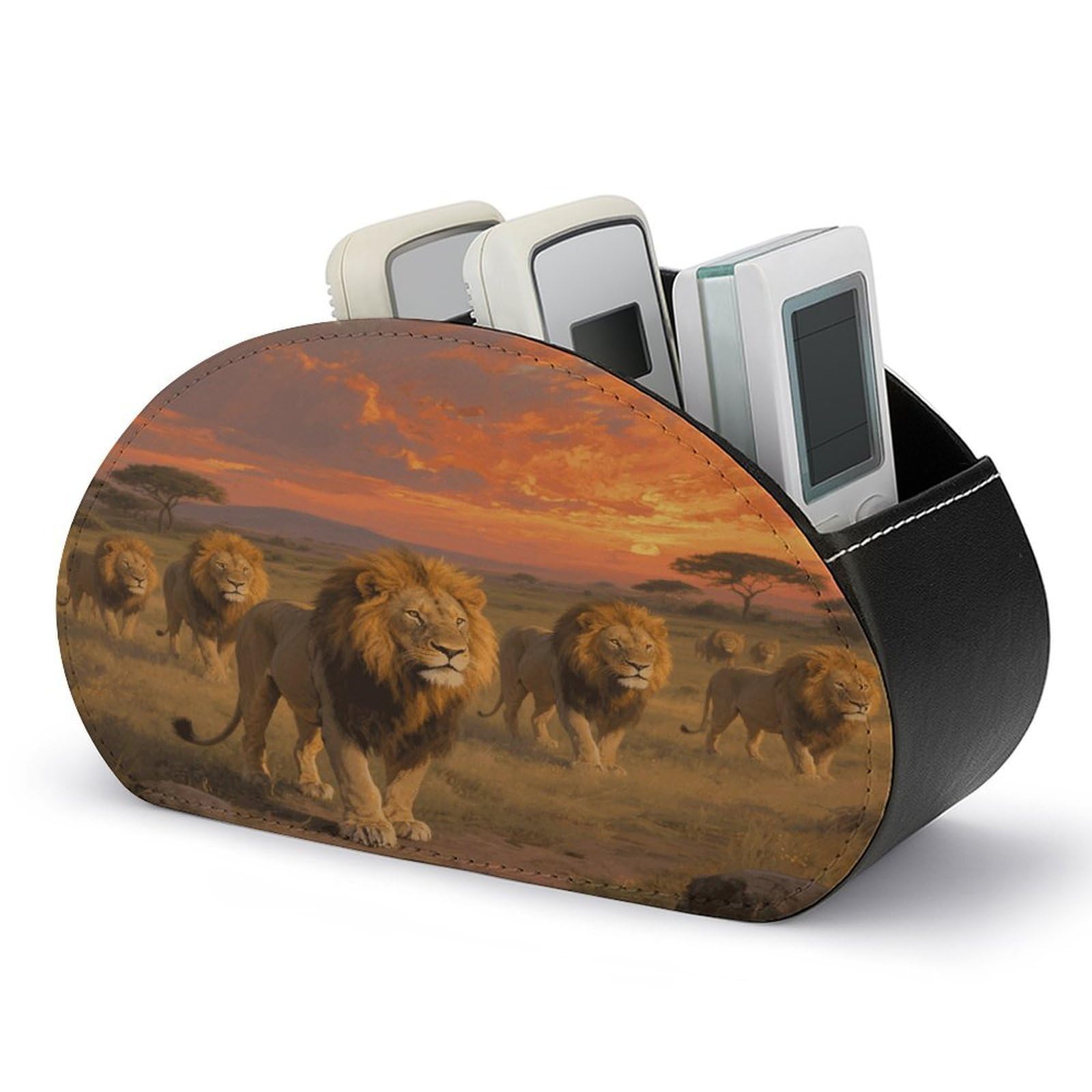 VstaDank Lion Remote Control Holder with 5 Compartments PU Leather TV Remoter Caddy Desktop Organizer TV Remote Holder Remote Box for Media Controllers Office Supplies
