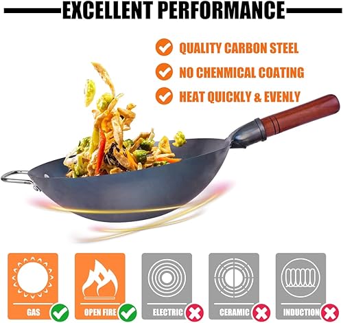 Miniatura 6 de Wok de acero al carbono tradicional martillado a mano – Wok chino de 13.4 pulgadas de fondo redondo Wok Set con 8 piezas de utensilios de cocina