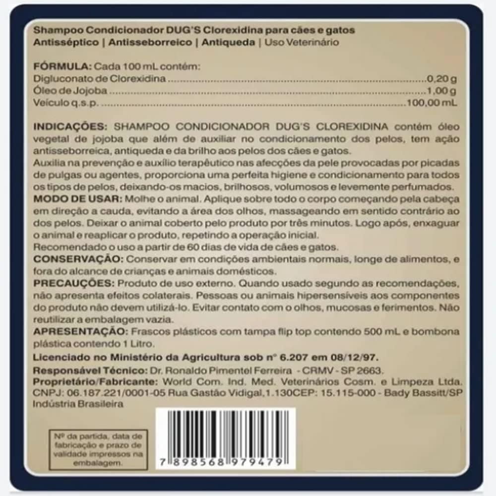 Shampoo Clorexidina Dugs Cães Seborreia Anti Queda 500ml