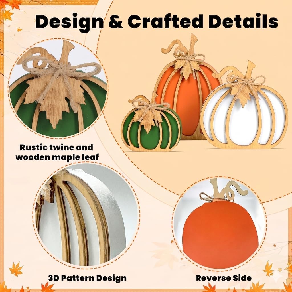 OLANRUN Fall Decorations for Home, 3-Piece Farmhouse Wooden Pumpkin Fall Decor, Handmade Crafts, Autumn Thanksgiving Decorations for Table, Tiered Tray, Mantel, Shelf, Office (4-8 Inch)