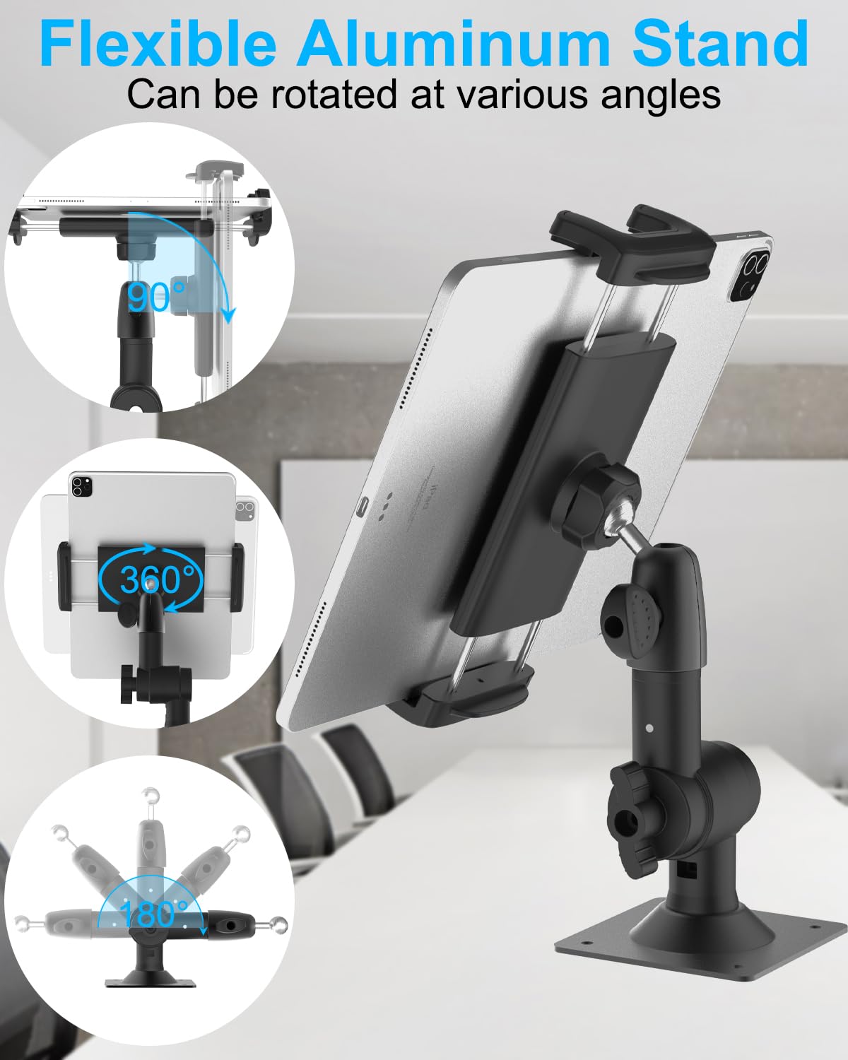Support Mural pour Tablette, [Bras Orientable] Support Tablette Mural pour Cuisine, Support Mural pour Tablette avec Base en Métal Robuste pour 4-12.9" iPad Pro Air Mini, Galaxy Tabs