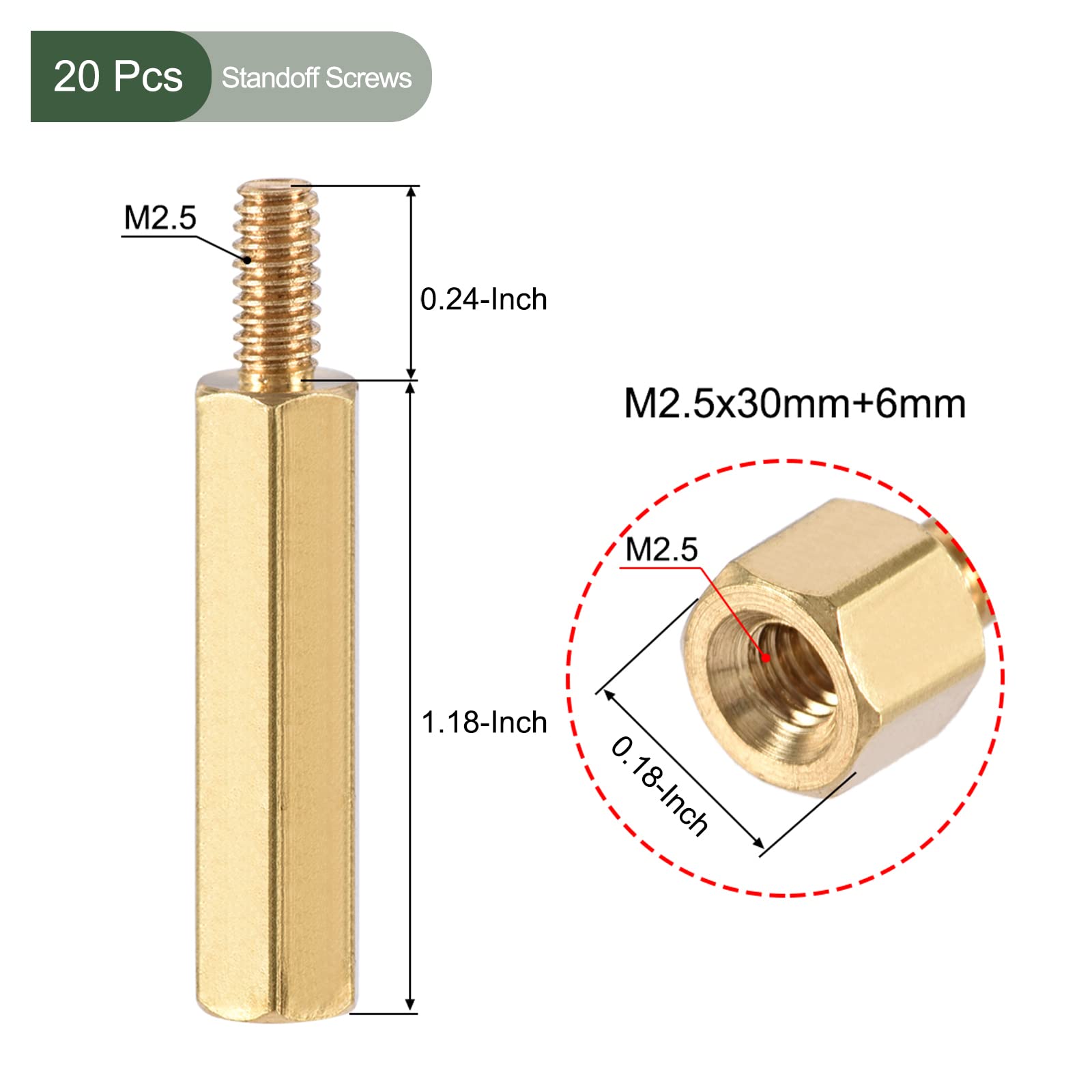 YOKIVE 20pz M2.5 Distanziale Viti, Ottone Esagonale PCB Distanziali, Mantiene Altezza Consistente, Ottimo per Scheda Madre (Tono oro, 30mm+6mm)