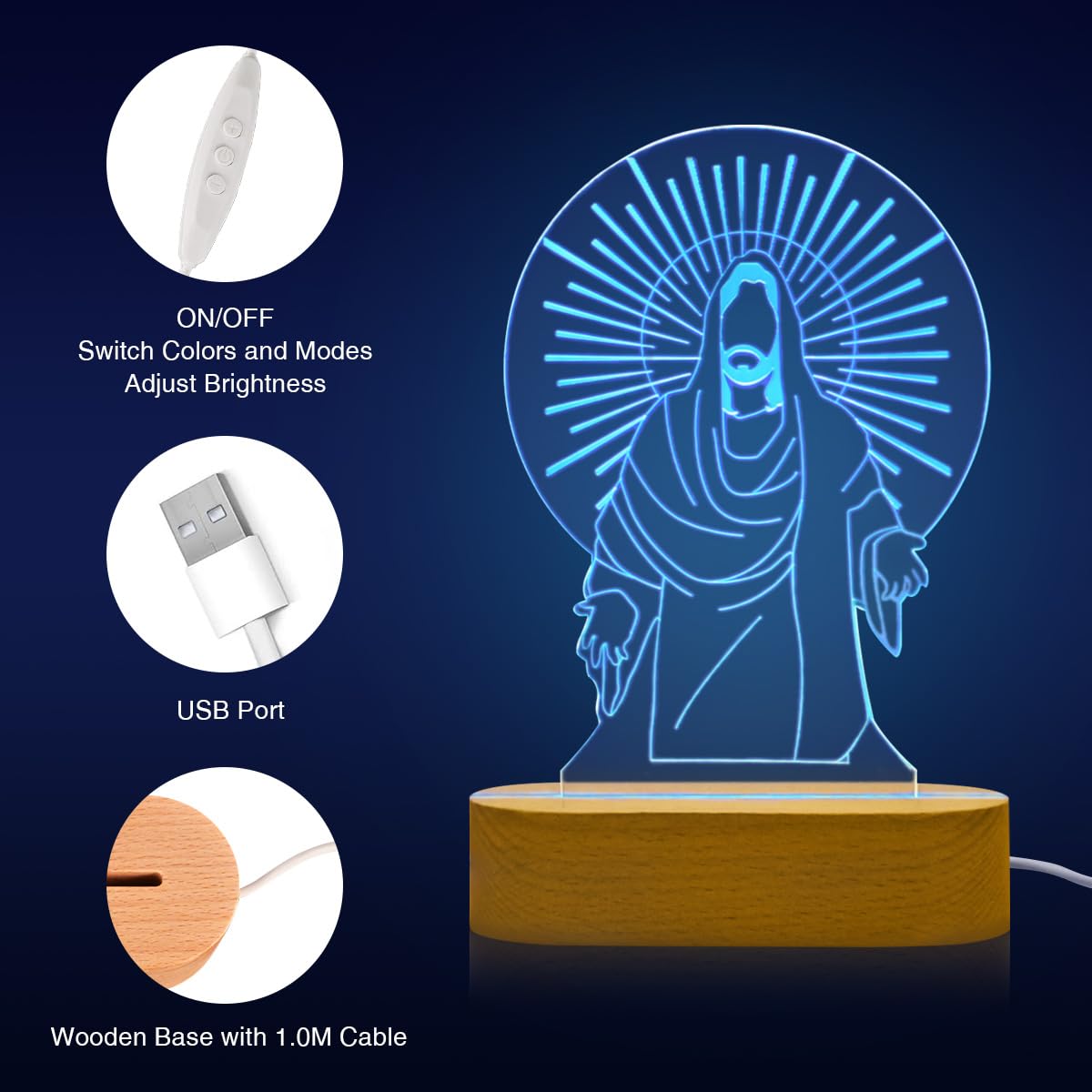 Yardwe Lampada Notturna 3D A Croce Con Gesù, Luce Olografica LED Notturna Regalo Religioso Perfetta Per Casa E Chiesa