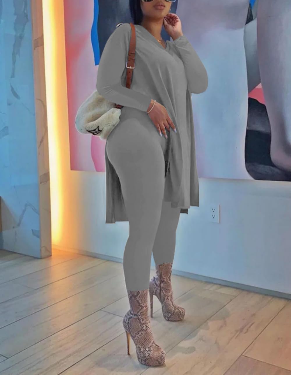 HBQ Womens Plus Size 2 Piece Outfits Tracksuits Long Sleeve Tunic Tops Bodycon High Waist Leggings Pants - Image 2