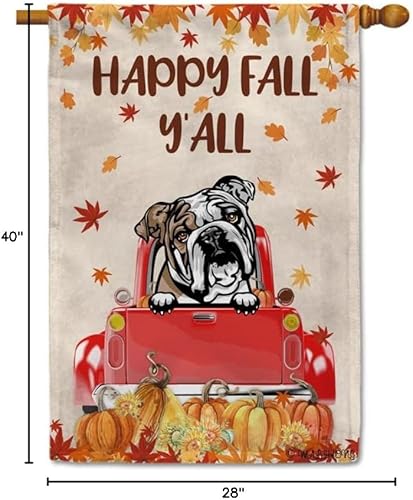Miniatura 8 de Bandera con texto en inglés Happy Fall Y'all con diseño de perro inteligente con calabaza en camión rojo y hojas de arce, pancarta de otoño para